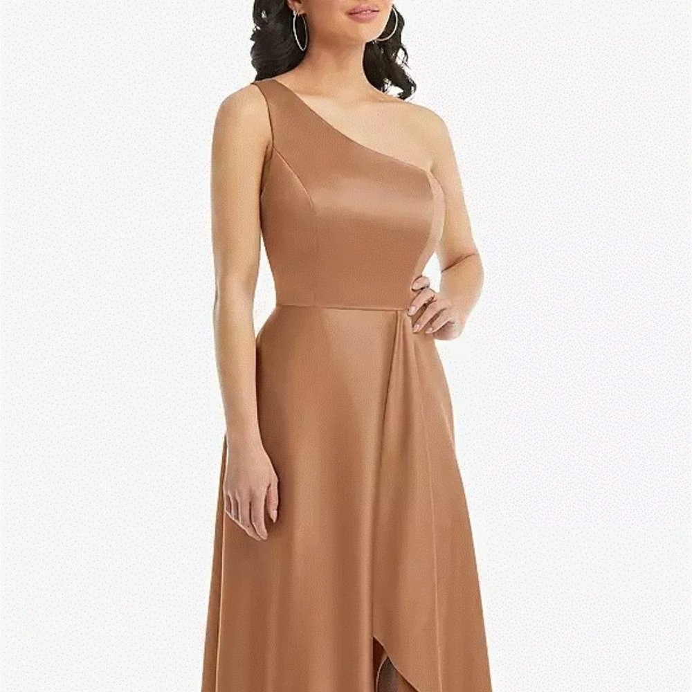 Dessy 3114....One-Shoulder High Low Maxi Dress with Pockets...Toffee...Size 14